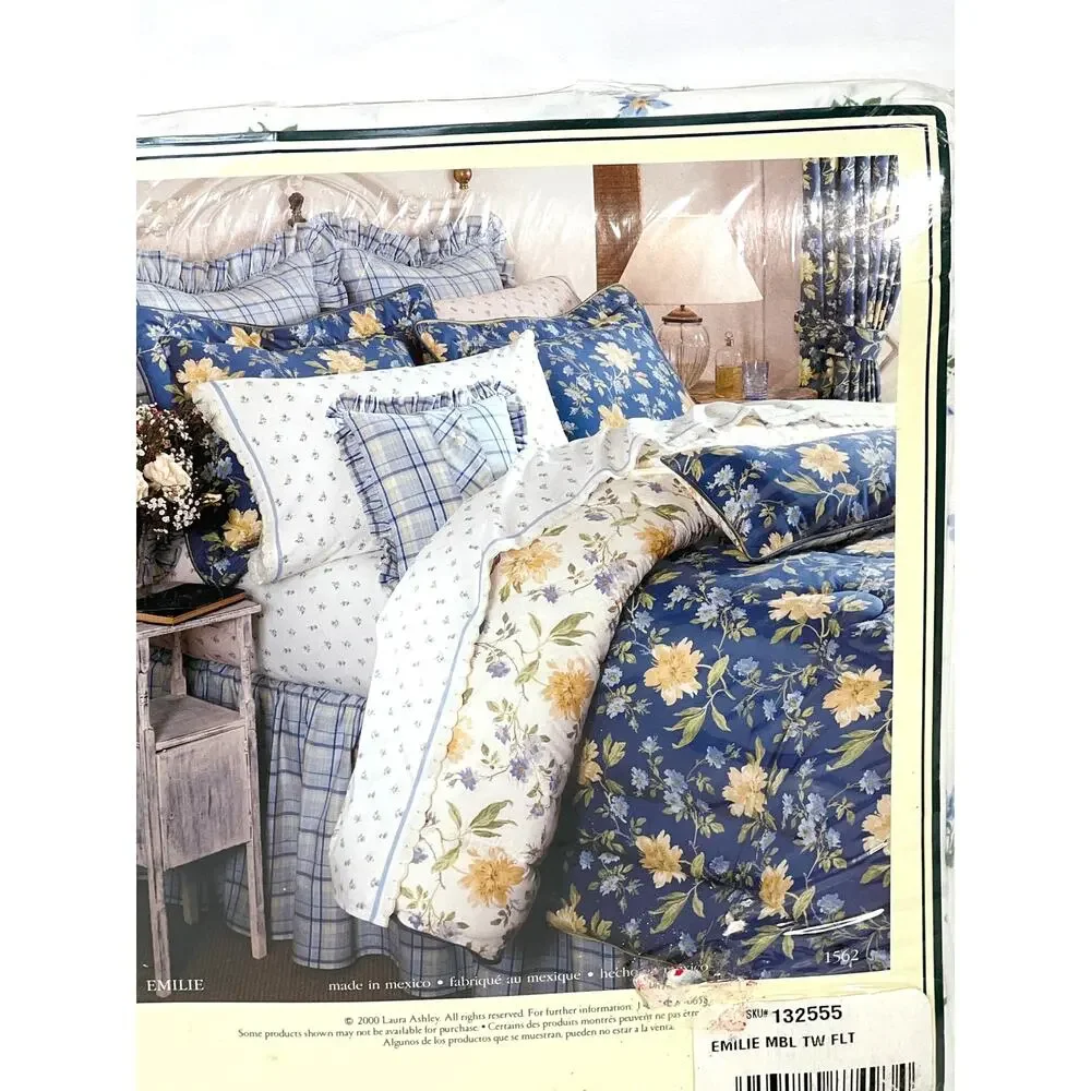 Vtg Laura Ashley Emilie Twin Flat Sheet Blue Yellow Floral Cotton Deadstock NIP